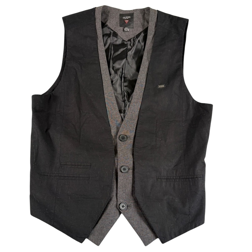 Guess Waistcoat Vest Mens XL Black Gray Premium Layered‎ Sleeveless Button Front